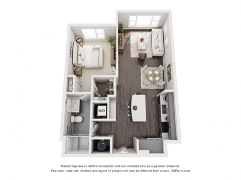 Floor plan for 1 bed, 1 bath, 796 sqft